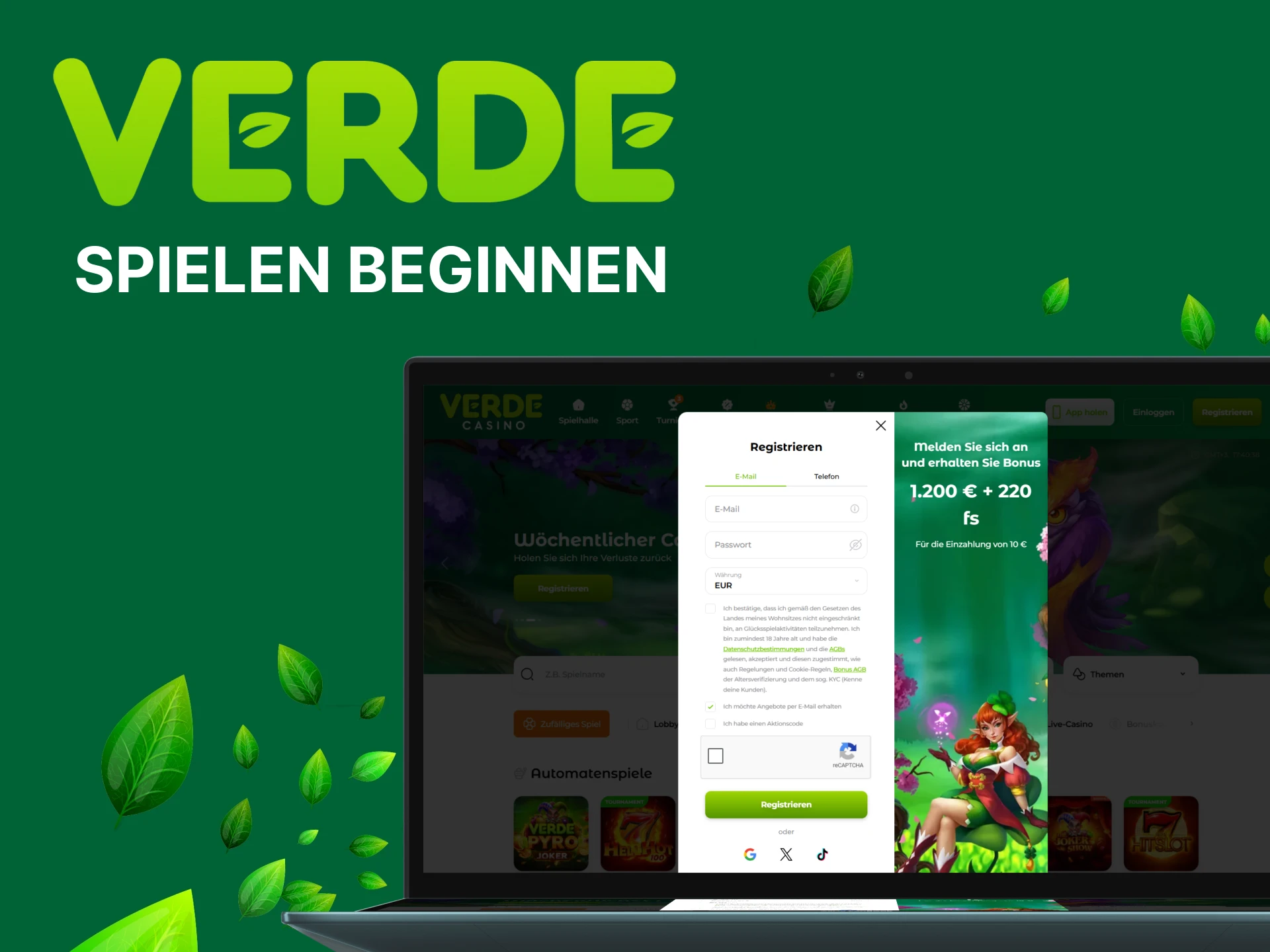 Registrieren Sie sich, um im Verde Casino mit dem Spielen von Automatenspielen zu beginnen.