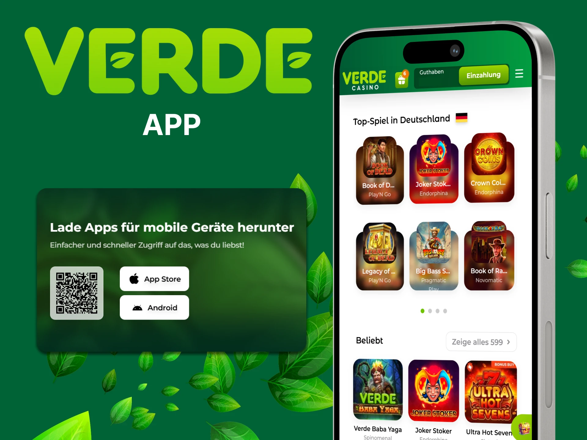Laden Sie die Verde Casino App herunter, um Wetten zu platzieren und Spiele zu spielen.