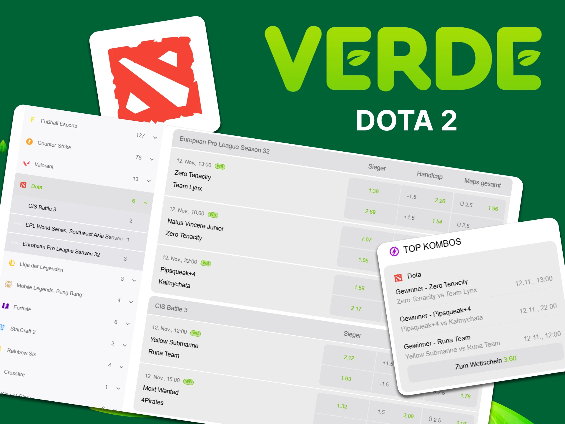 Dota 2-Wetten sind im Verde Casino verfügbar.