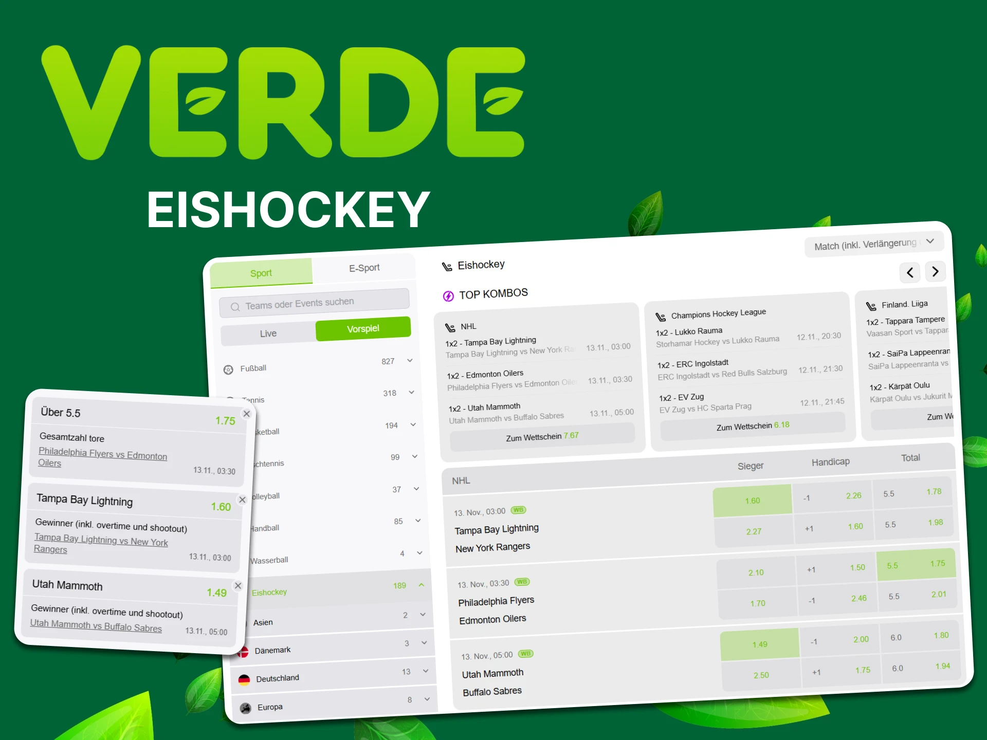 Wetten Sie auf Eishockey und gewinnen Sie im Verde Casino.