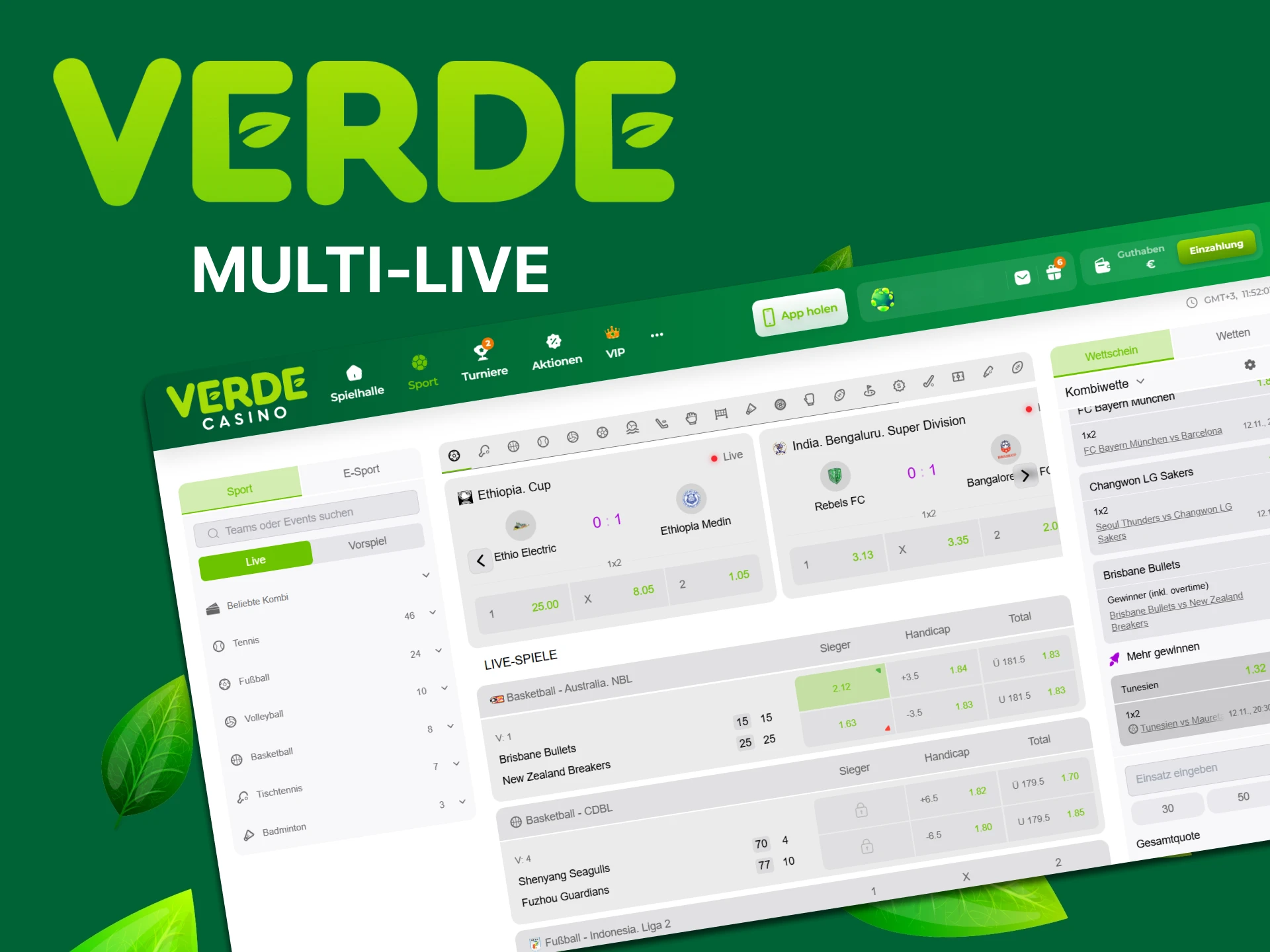 Platzieren Sie Multi-Live-Wetten auf der Website von Verde Casino.