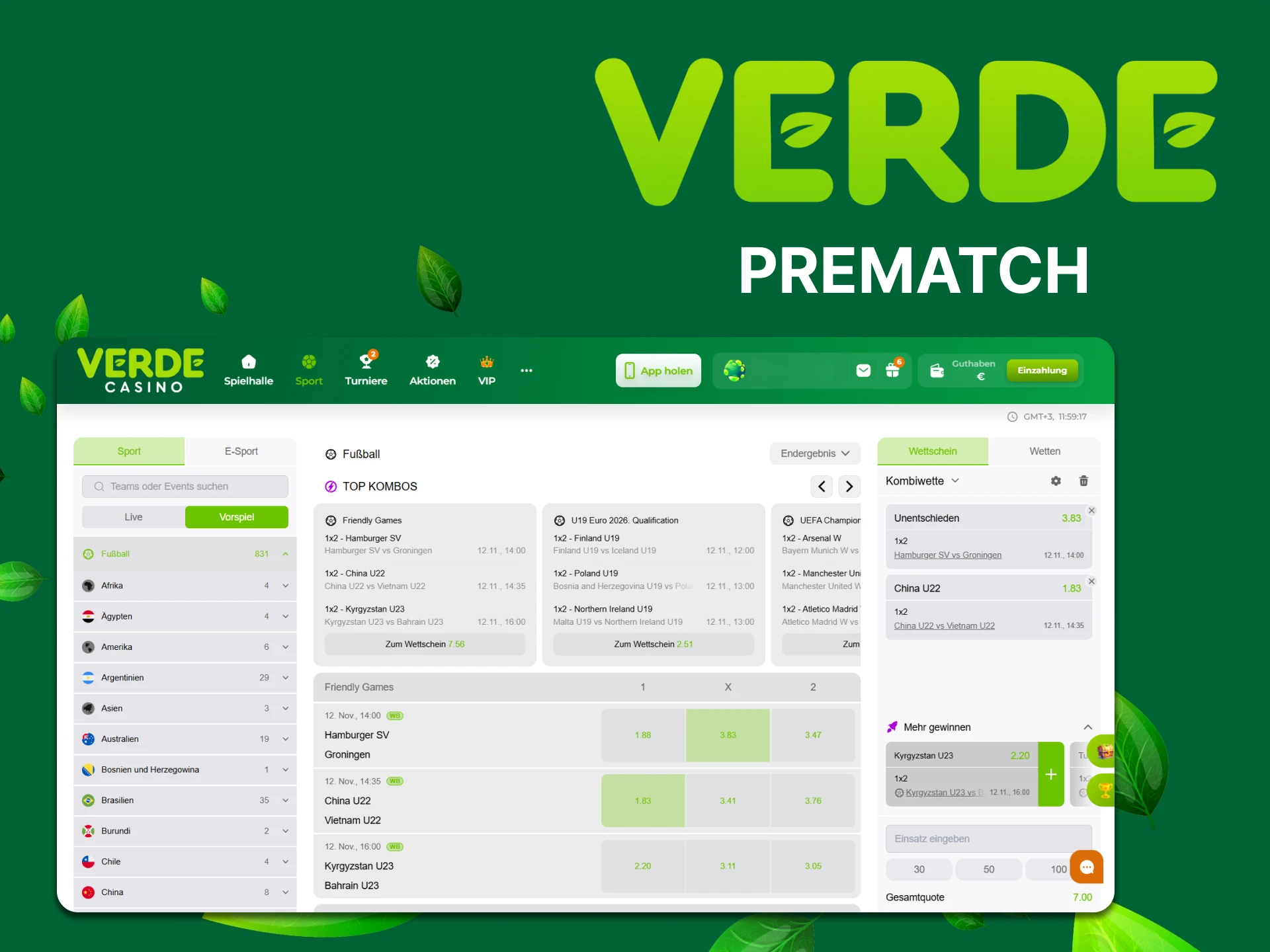 Prematch-Wetten sind im Verde Casino verfügbar.