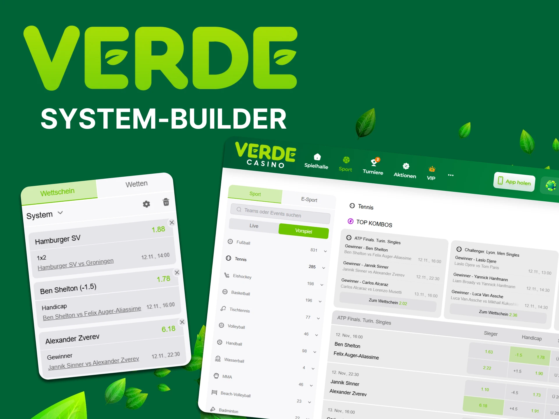 Wählen Sie verschiedene Sportarten aus, um eine Systemwette bei Verde Casino zu platzieren.