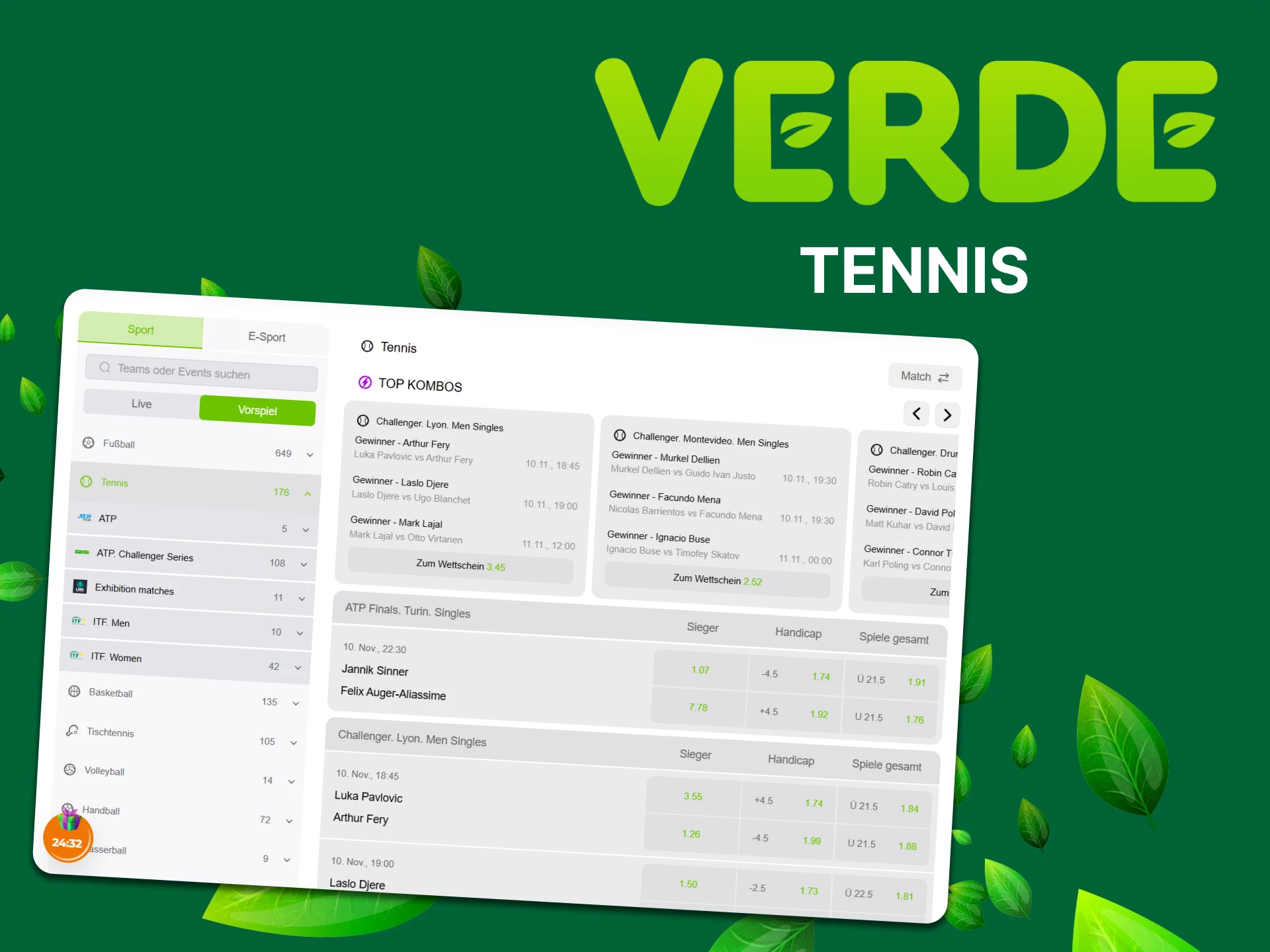 Wählen Sie ein Tennismatch aus, auf das Sie im Verde Casino wetten möchten.
