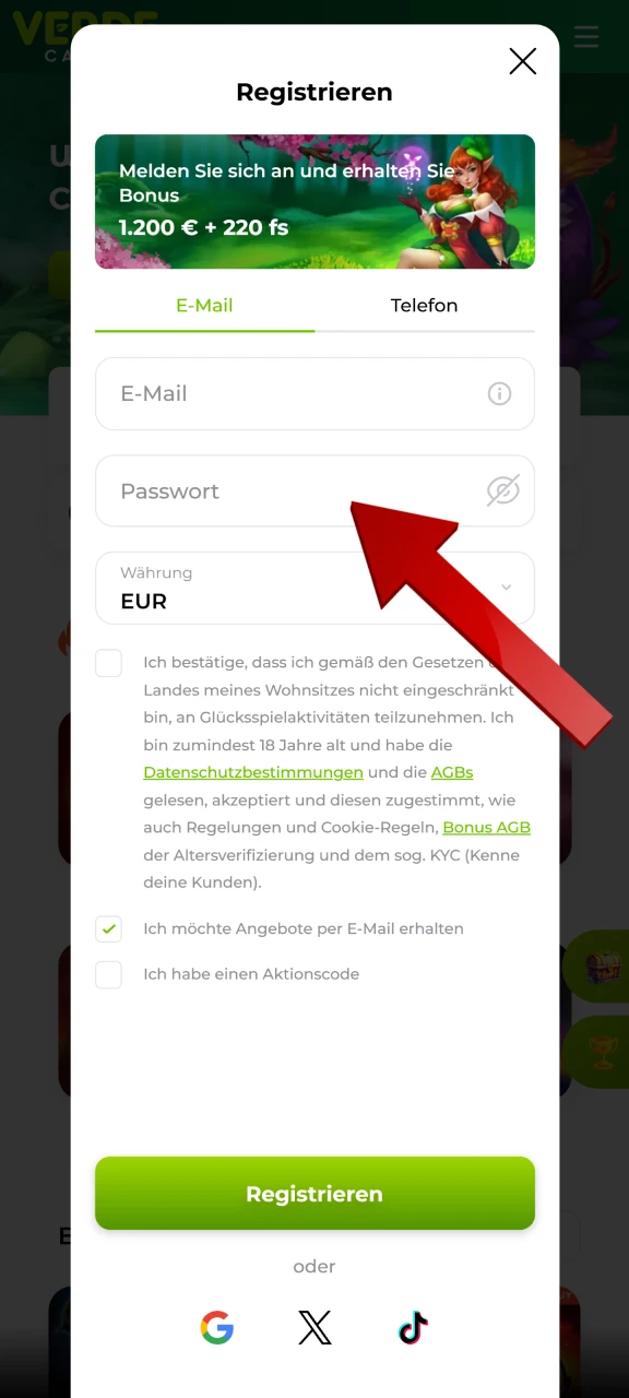 Geben Sie Ihre E-Mail-Adresse ein und erstellen Sie ein Passwort, um sich bei Verde Casino zu registrieren.