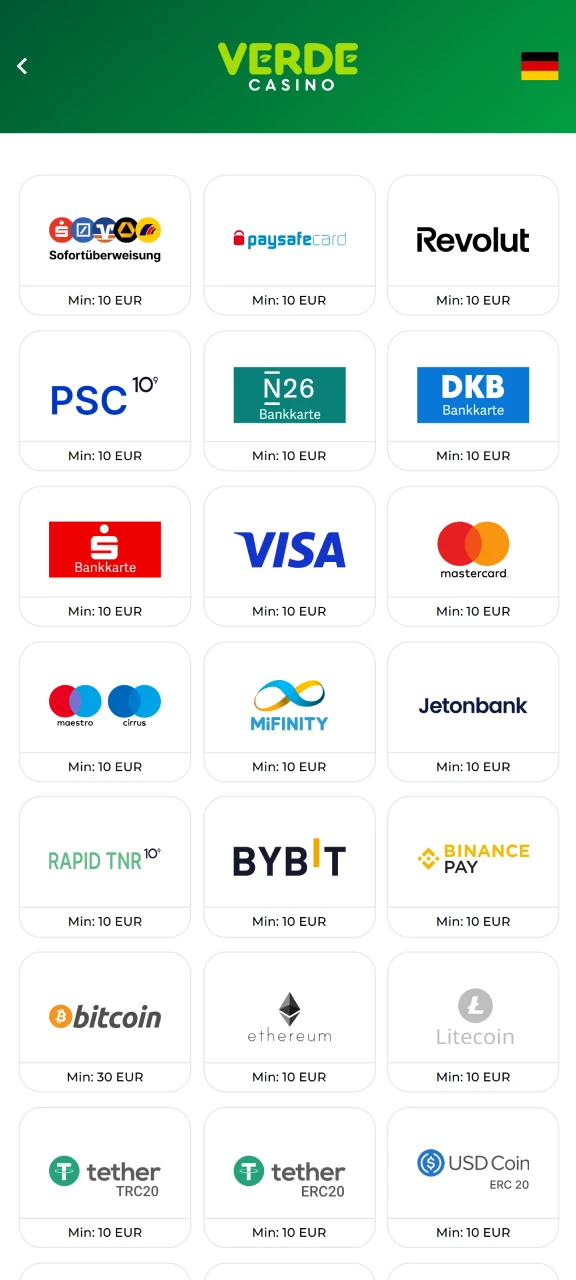 Tätigen Sie eine Einzahlung auf Ihr Verde Casino-Konto.