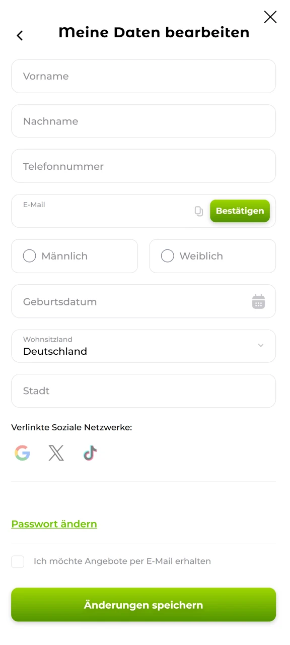 Geben Sie Ihre Daten ein, um ein vollständiges Konto bei Verde Casino zu erstellen.