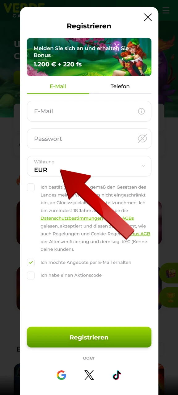 Wählen Sie eine Währung aus und setzen Sie die Registrierung bei Verde Casino fort.